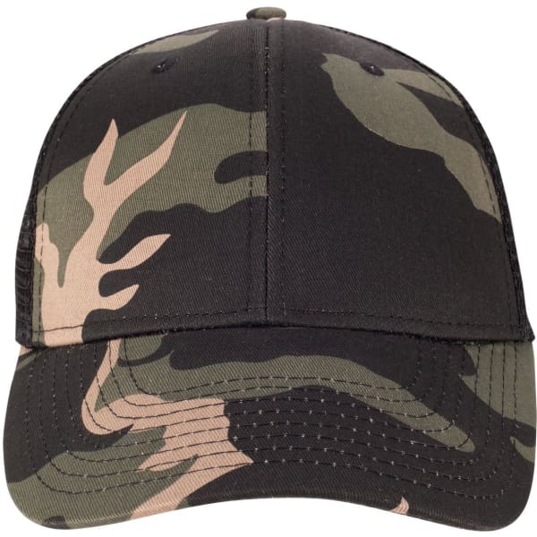 A black and green camo trucker cap featuring a curved brim and an adjustable back strap. It includes a logo.