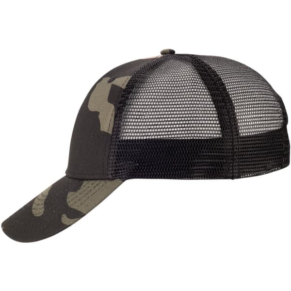 A black camo trucker cap featuring a mesh back and a curved brim. It has a structured design and a logo on the front.