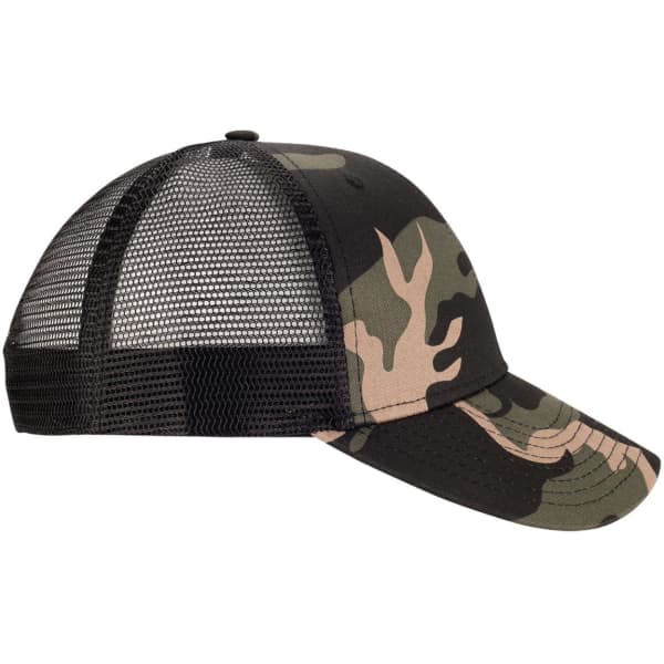 A black camo trucker cap featuring a mesh back and a curved brim. The cap includes a logo on the front.