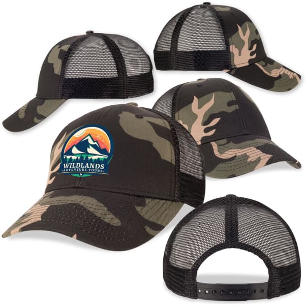 A black camo trucker cap featuring a logo, with mesh back and adjustable strap.