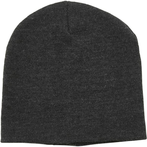 A dark grey beanie with a smooth texture and a fitted design. It features a logo on one side.
