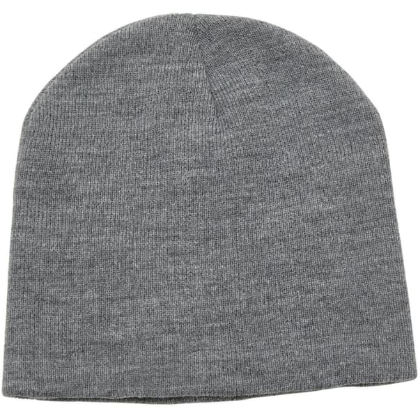 A grey beanie made from knit fabric, featuring a simple design and a logo on it.