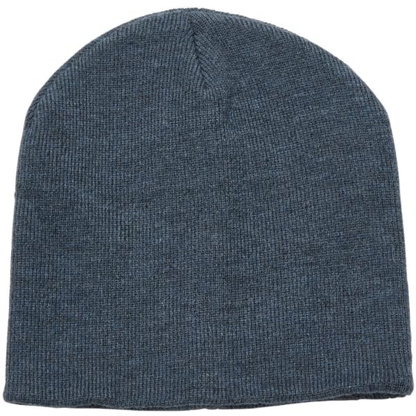 A grey beanie made from soft fabric, featuring a seamless design and a small logo.