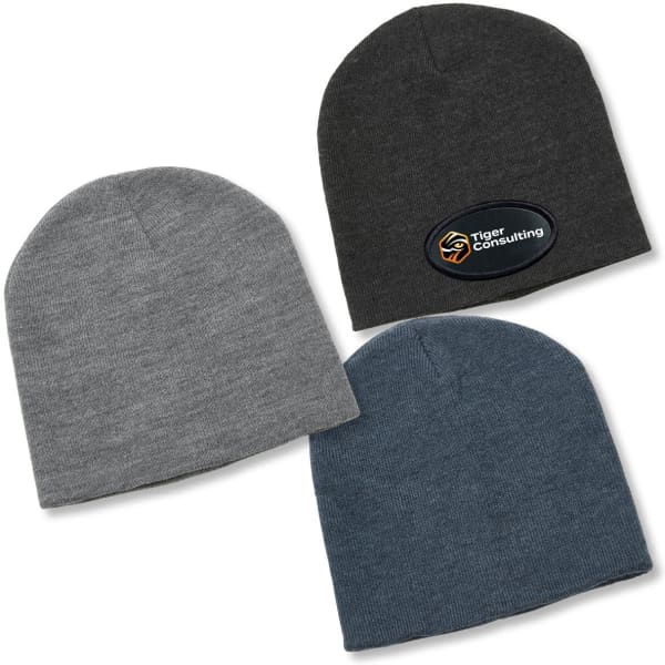 A collection of three beanies in grey, dark grey, and blue, featuring a logo on one hat.
