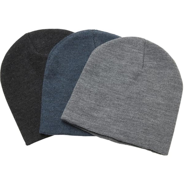 A collection of three beanies in dark grey, denim blue, and light grey, featuring a simple design with a logo.