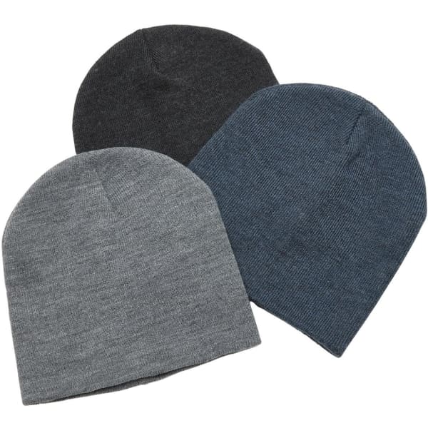 A collection of three beanies in dark grey, light grey, and navy blue, featuring a simple design and logo.
