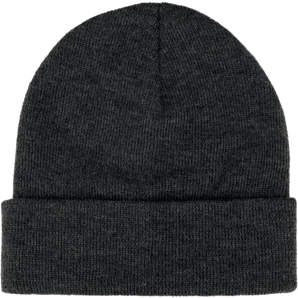 A dark grey knitted beanie featuring a rolled cuff and a small logo.