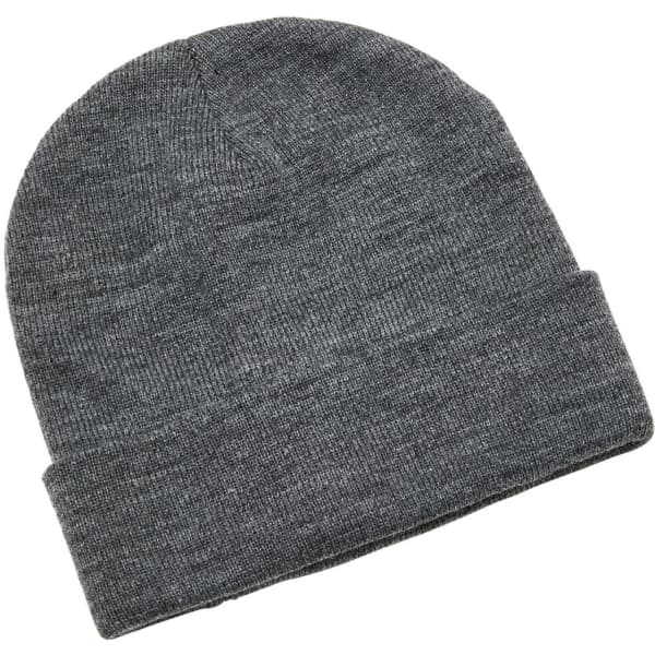 A grey beanie featuring a folded cuff, made from a soft knitted material. It has a logo on the side.