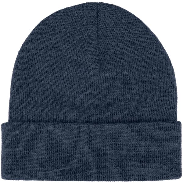 A navy blue beanie with a rolled cuff, featuring a textured knit pattern and a logo.