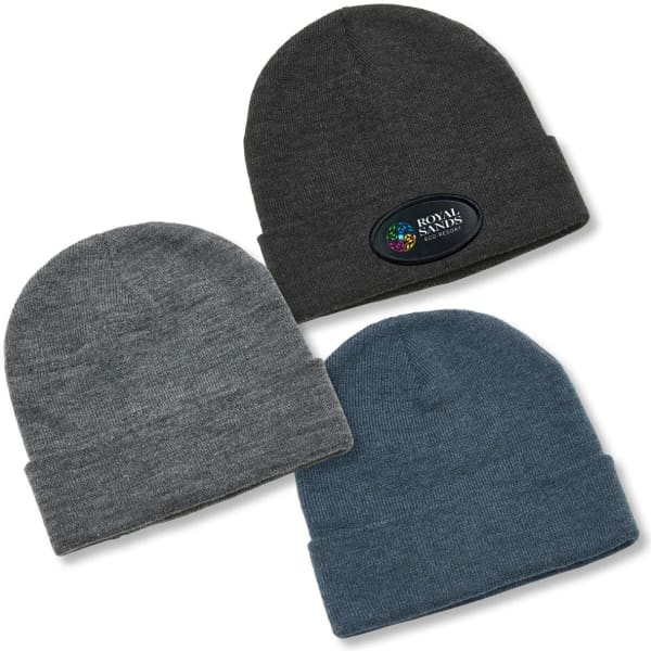 Three beanies in dark grey, light grey, and blue, featuring one with a logo.