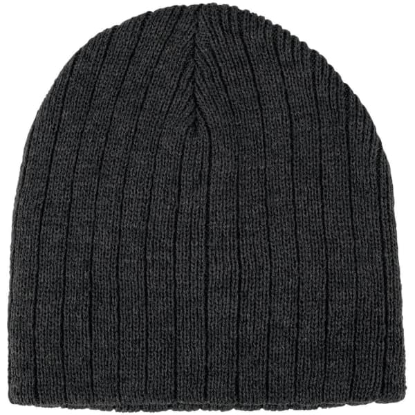 A grey cable knit beanie featuring a ribbed texture and a logo on the side.