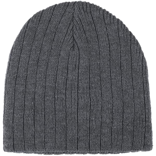 A grey cable knit beanie featuring a textured design and a logo. Suitable for headwear.