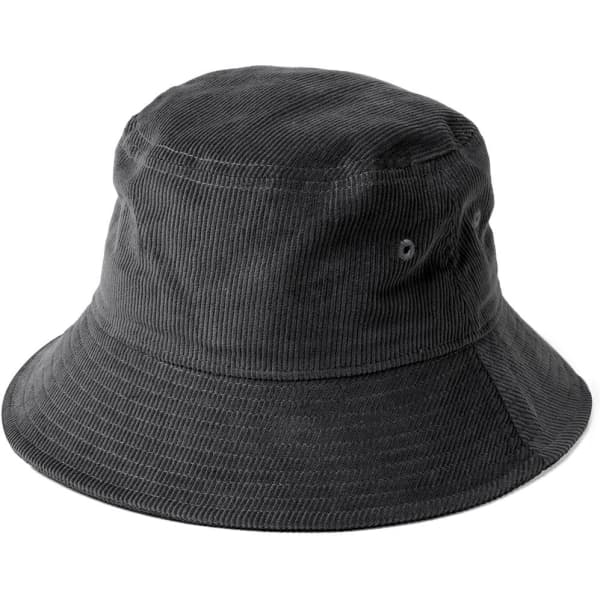 A grey cord bucket hat with a wide brim and an eyelet for ventilation, featuring a logo on the side.