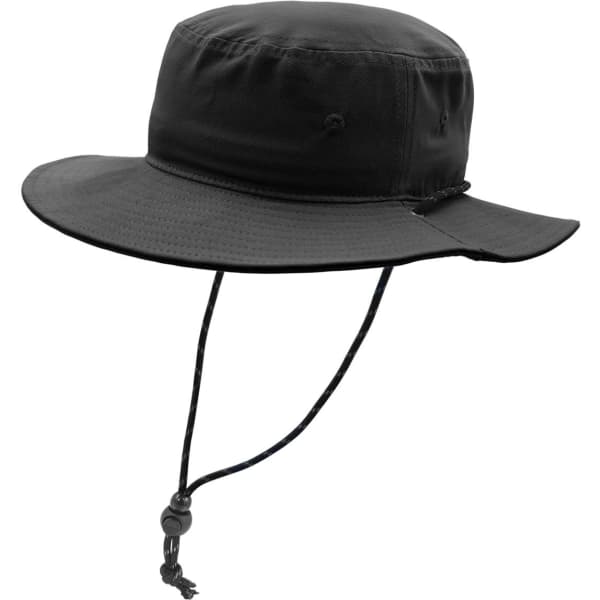 A black brim and bucket hat with a chin strap and a logo.