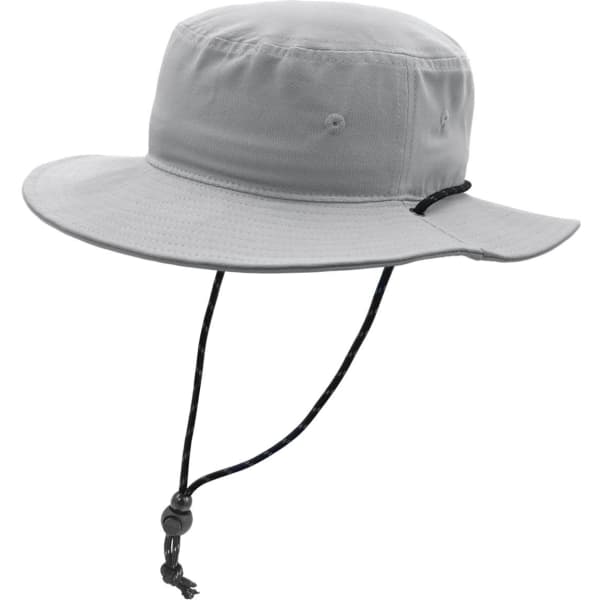 A grey bucket hat featuring a wide brim and an adjustable drawstring. It has a logo on the side.