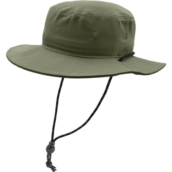A green bucket hat with a wide brim and adjustable drawstring, featuring a logo on the side.