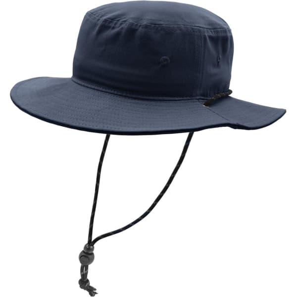 A navy blue brim and bucket hat with a chin strap and a logo.