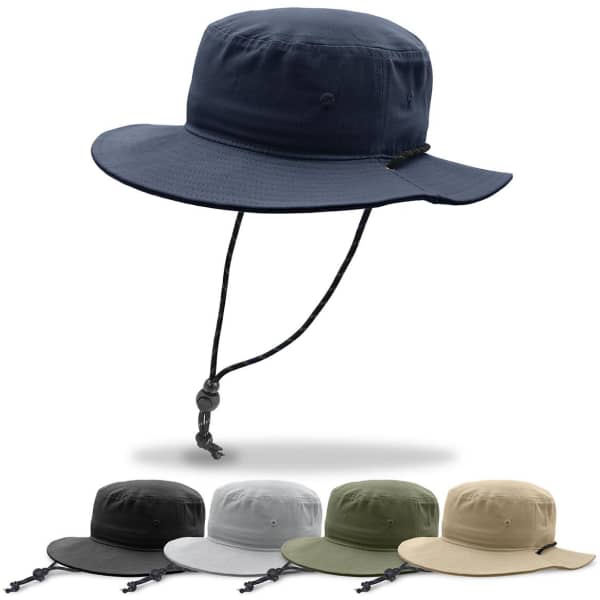 A bucket hat in navy with a drawstring, accompanied by versions in black, grey, olive, and sand.