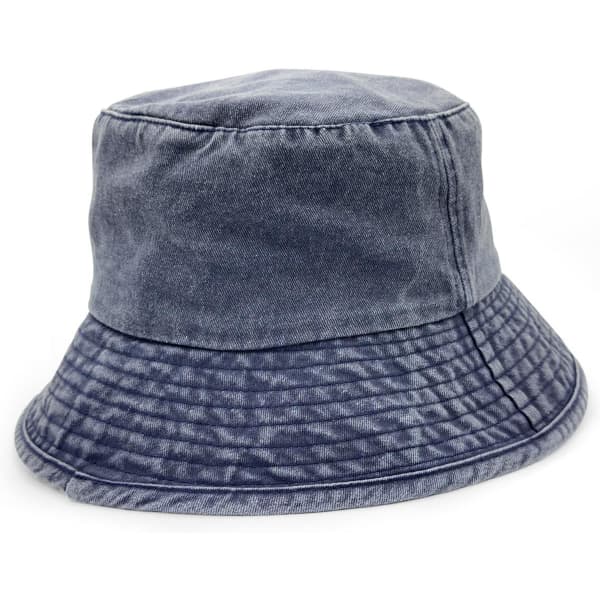 A washed chino bucket hat featuring a two-tone design in shades of blue. Includes a logo detail.