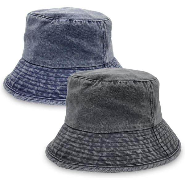 Two washed chino bucket hats in dark blue and charcoal grey, featuring a soft brim and textured fabric.