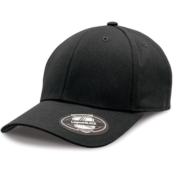A black cap with a curved visor and branding on the underside of the peak.