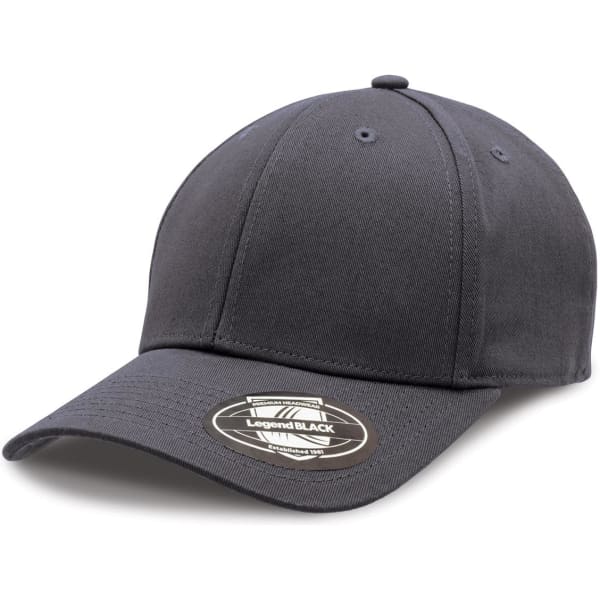 A black cap with a curved brim and a logo on the front, featuring a structured design.