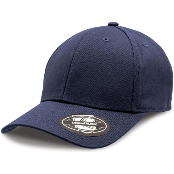 A navy cap with a curved brim, featuring a logo on the underside of the peak.