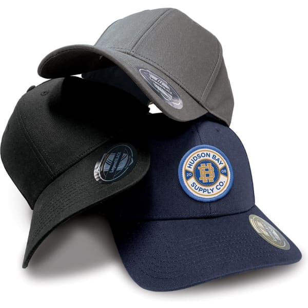 Three caps in grey, black, and navy, featuring a logo on the front, stacked together on a white background.