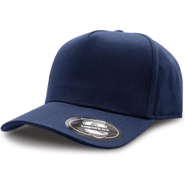 A navy blue cap with a curved brim and a logo patch on the front.