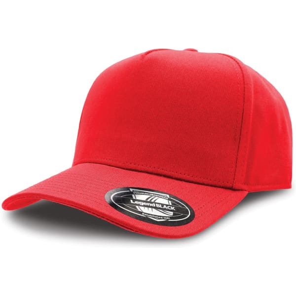 A red baseball cap featuring a curved visor and a logo on the front.