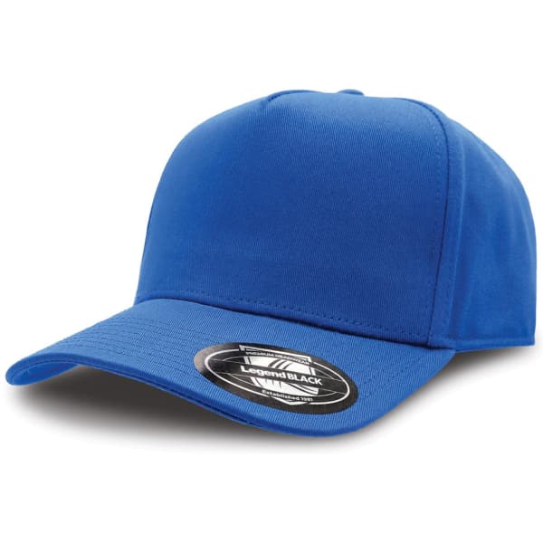 A blue cap with a curved brim and a logo on the side.