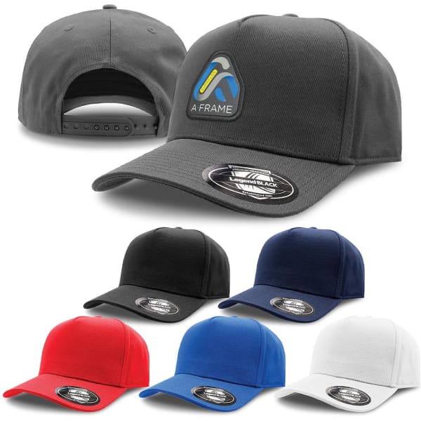 A collection of A-Frame caps in grey, black, red, blue, and white, featuring a logo on the front.