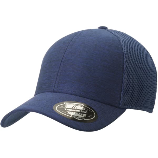 A trucker cap in a dark navy colour with a mesh back and a curved brim. Features a logo on the front.