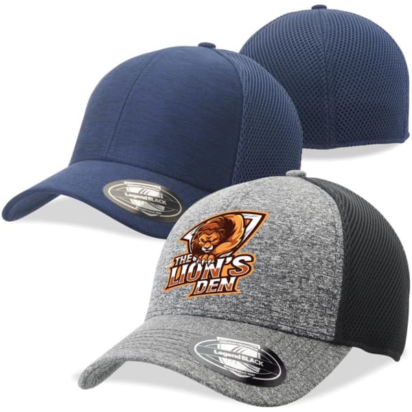 Three trucker caps in navy blue, dark grey, and light grey with mesh backing; one features a logo.