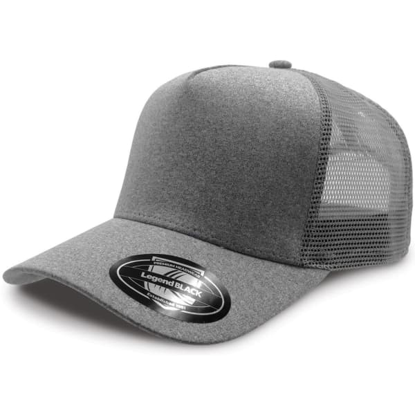 A grey trucker cap with a solid front and a mesh back, featuring a logo on the tag.