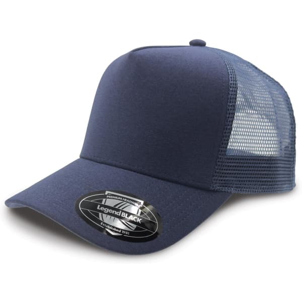 A navy trucker cap featuring a mesh back and a rounded peak. It includes a logo on the side.