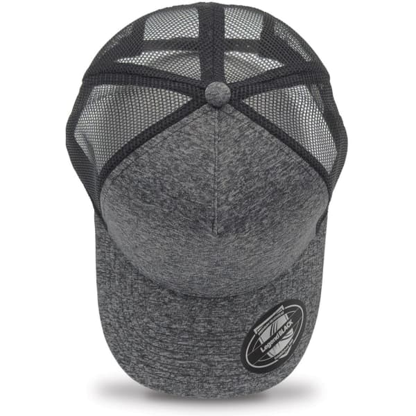 A grey trucker cap featuring a mesh back and a rounded peak, complete with a logo.