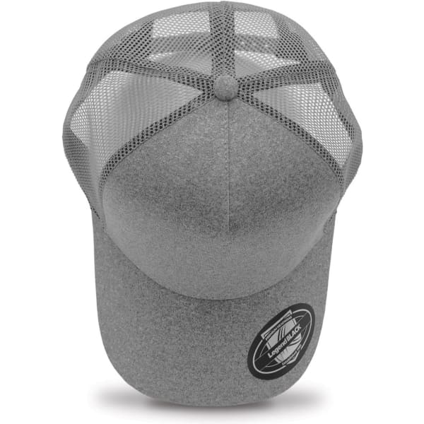 A grey trucker cap featuring a mesh back and a circular logo on the front.
