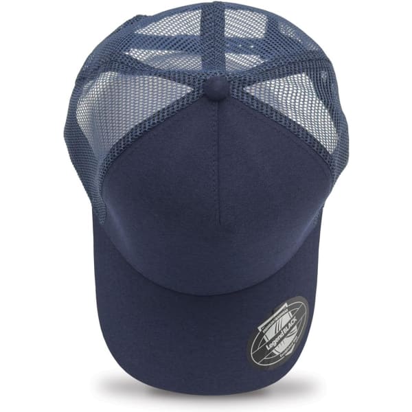 A navy trucker cap with a solid front panel and mesh back, featuring a logo on the front.