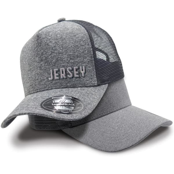 A grey trucker cap with a mesh back featuring a logo and a curved brim.