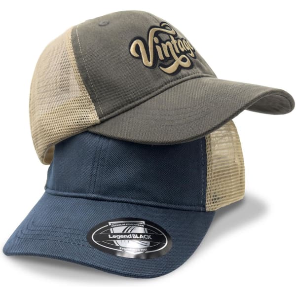 Two caps are displayed, one in olive green with a mesh back and another in navy blue, both featuring a logo.