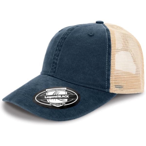 A vintage-style cap in navy blue and beige, featuring a mesh back and a logo on the front.