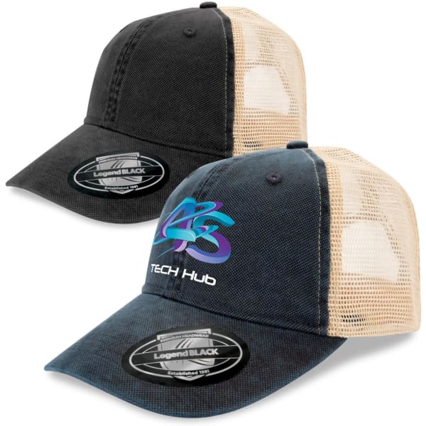 A cap featuring a black front and a beige mesh back, with a logo on the front panel.