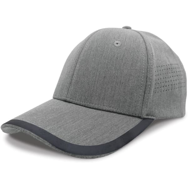 A cap in grey with a textured design and a black accent on the brim, featuring ventilation details on the side.