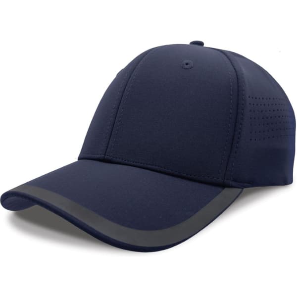 A navy cap with a sleek design, featuring a curved brim and a logo on the front.