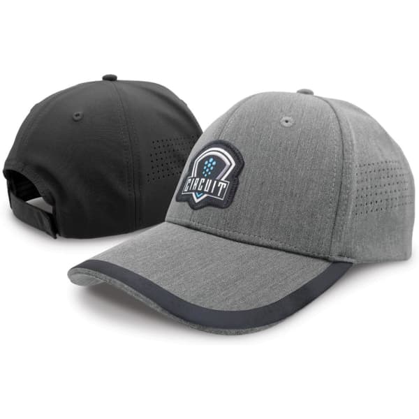 A grey cap with a logo featured on the front and a black back, designed for comfort and style.