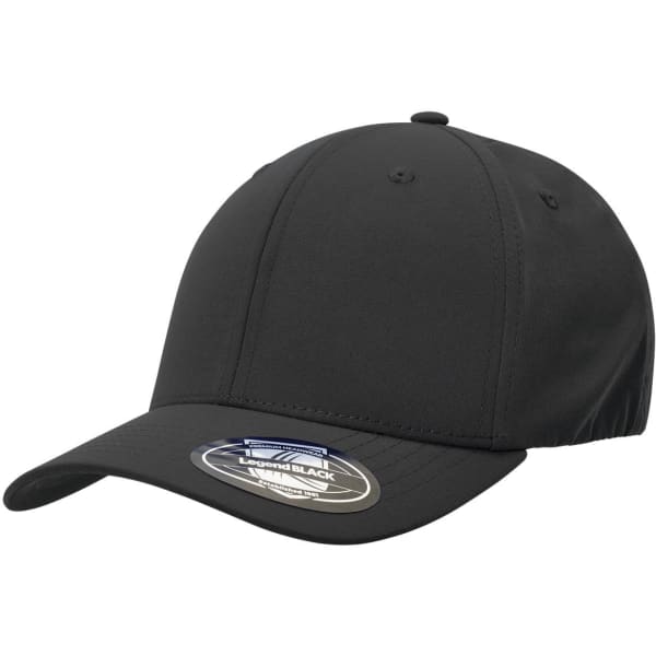 A black cap featuring a curved brim and an adjustable strap at the back, includes a logo label.