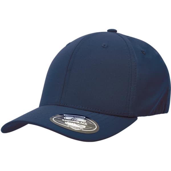 A navy blue cap with a curved brim and a logo on the side.