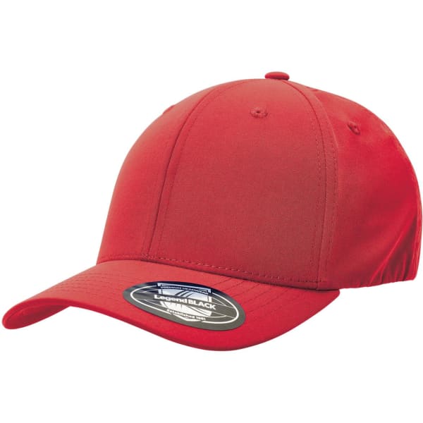 A red cap with a curved brim and an adjustable strap at the back, featuring a logo on the side.