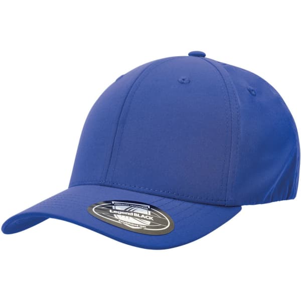 A blue cap with a curved brim, featuring a logo on the side and a smooth fabric finish.